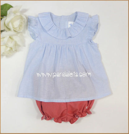 Conjunto blusita rayitas azules y culote rojo "Frambuesa" - PARDALETS