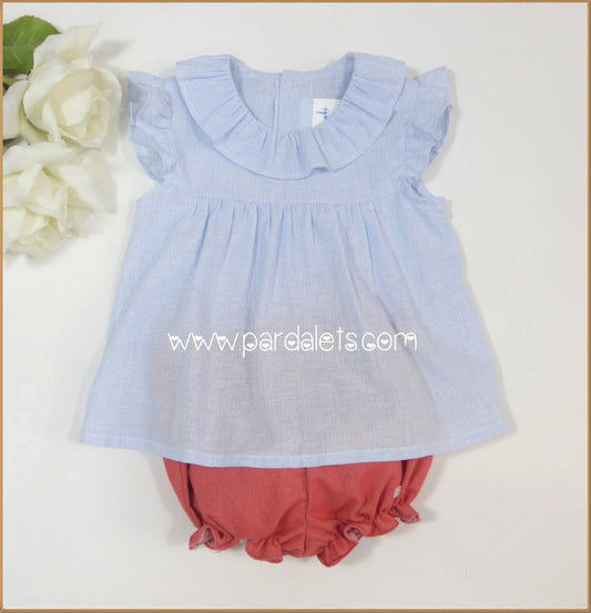 Conjunto blusita rayitas azules y culote rojo "Frambuesa" - PARDALETS