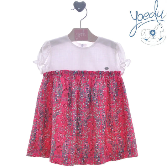 Vestido fresa con florecitas y cuerpo blanco "Cerezo" - PARDALETS