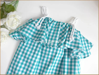 Vestido vichy verde mar con volante - PARDALETS