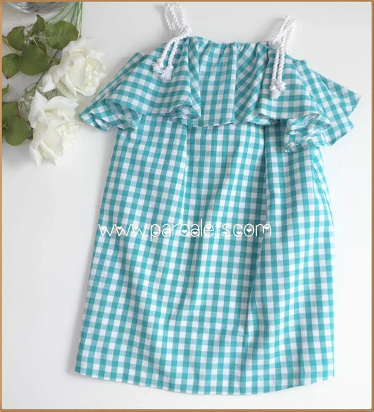 Vestido vichy verde mar con volante - PARDALETS