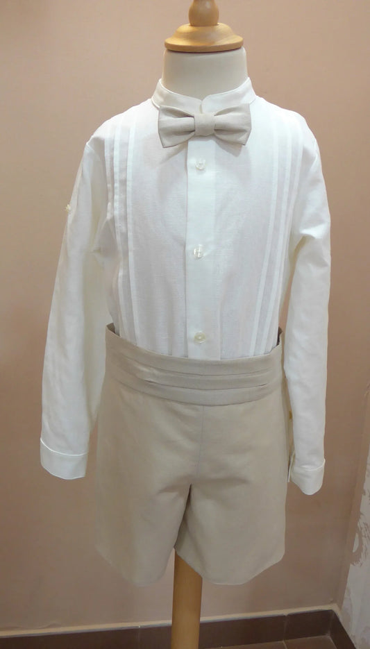 Conjunto camisa lino, short , fajin y pajarita camel - PARDALETS