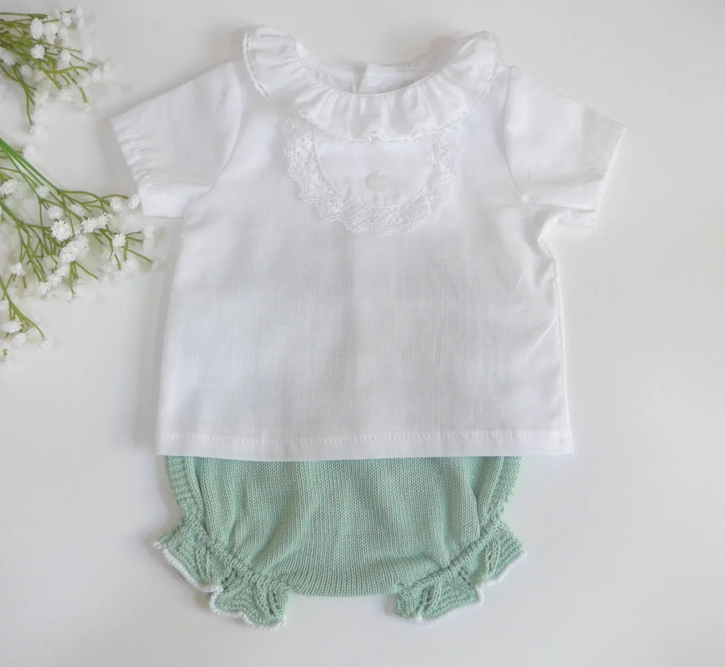 Conjunto blusa blanca y culote algodon verde - PARDALETS