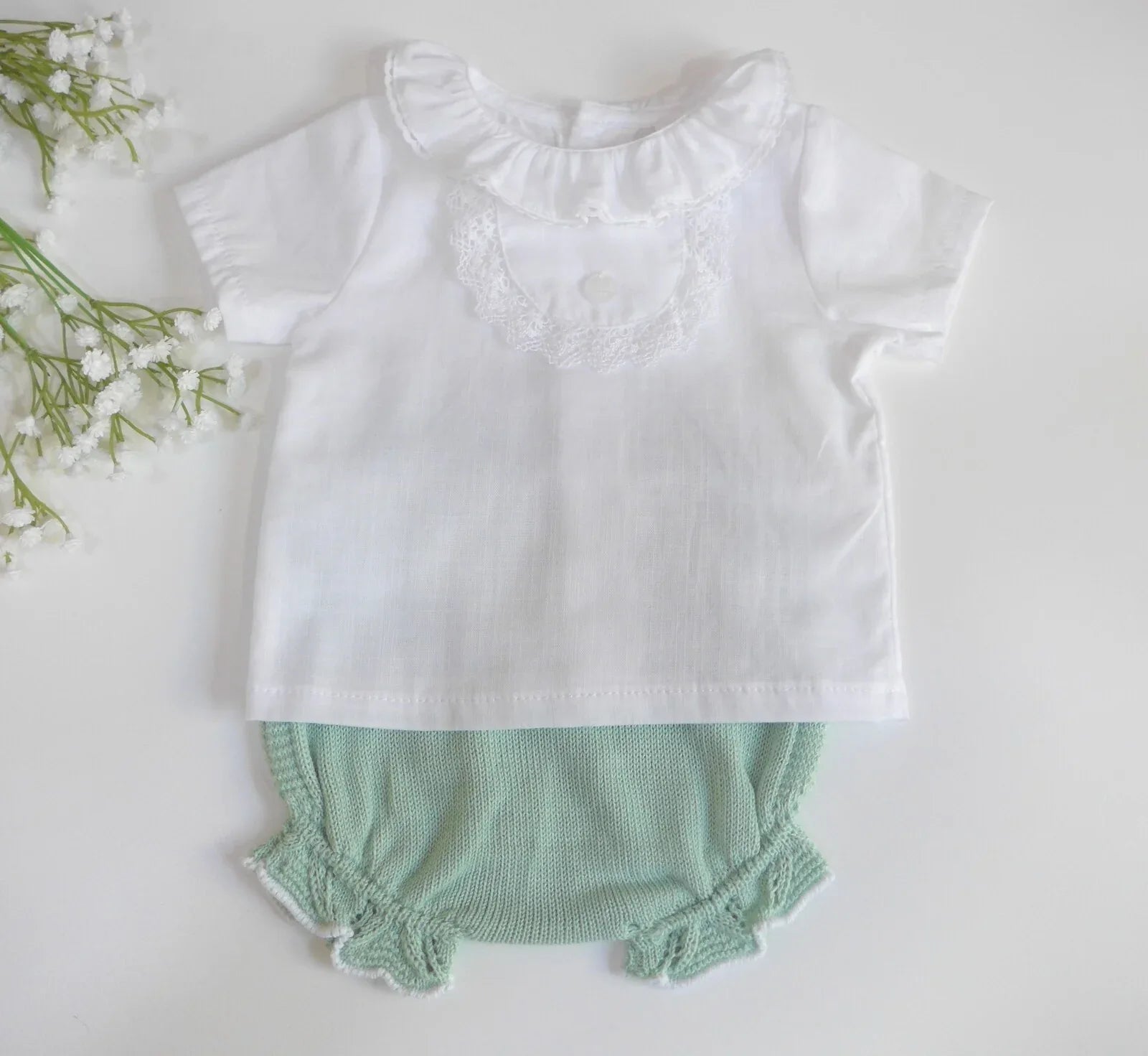 Conjunto blusa blanca y culote algodon verde - PARDALETS