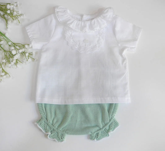 Conjunto blusa blanca y culote algodon verde - PARDALETS
