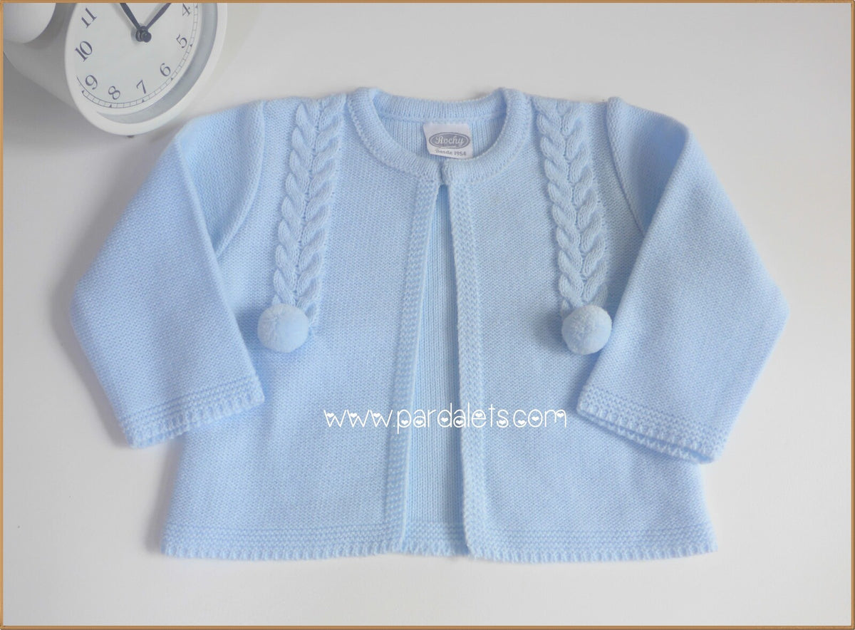 Chaqueta lana celeste con 2 pompones
