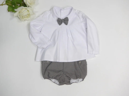Conjunto camisa blanca y bombacho marrón cuadros "Patti" - PARDALETS
