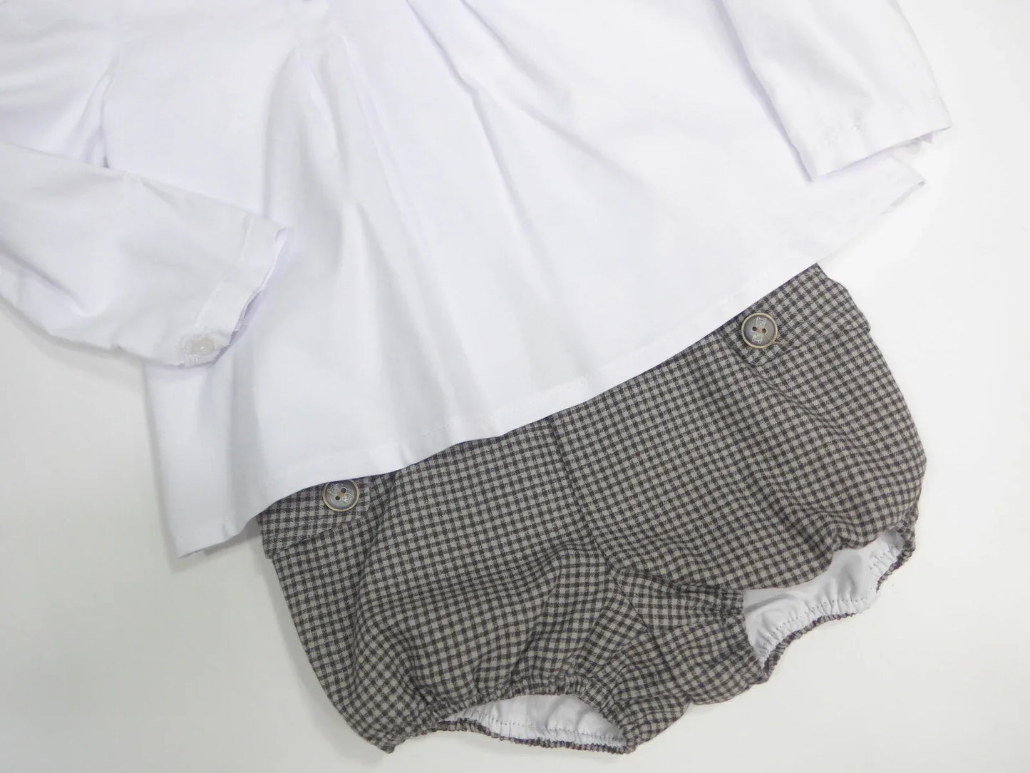 Conjunto camisa blanca y bombacho marrón cuadros "Patti" - PARDALETS