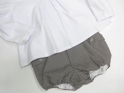 Conjunto camisa blanca y bombacho marrón cuadros "Patti" - PARDALETS