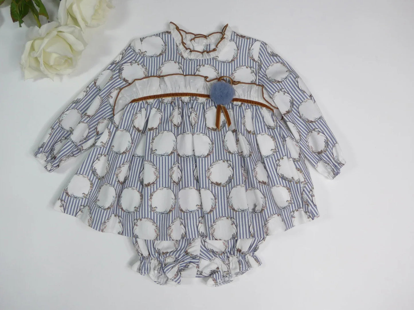 Vestido rayitas azules y pajaritos con pololo "Dolly" - PARDALETS