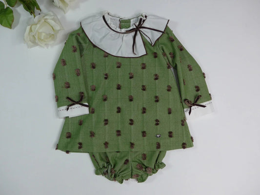 Vestido verde plumeti marrón y pololo "Nina" - PARDALETS