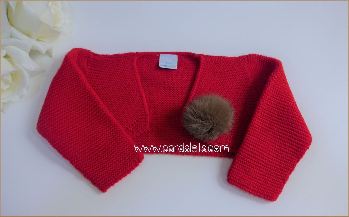 Chaqueta corta lana roja con pompon pelo
