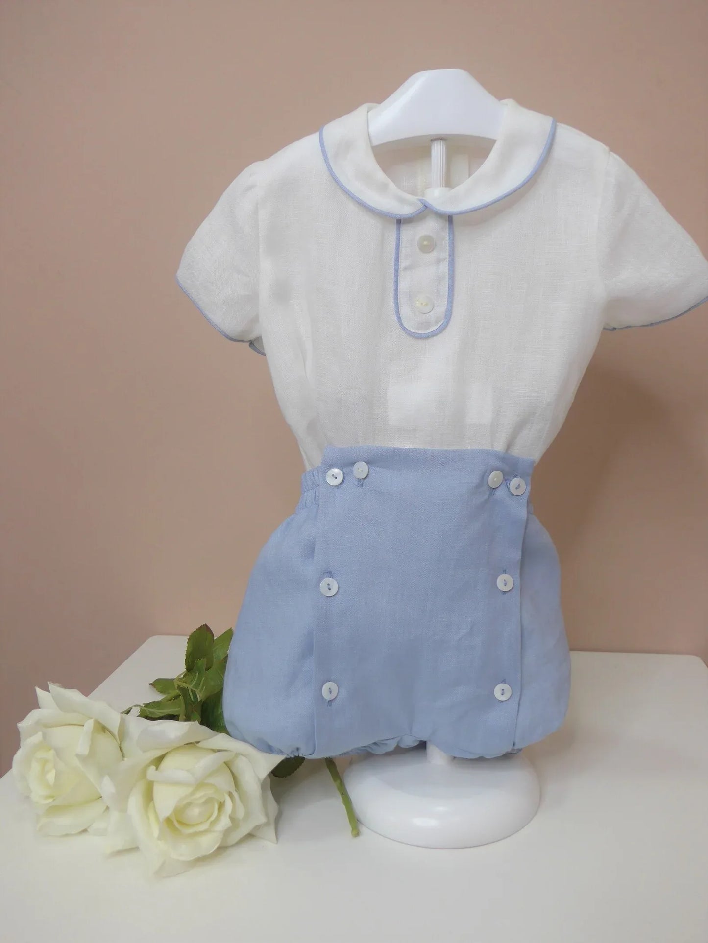 Conjunto camisa lino cuello bebe lino celeste y bombacho - PARDALETS