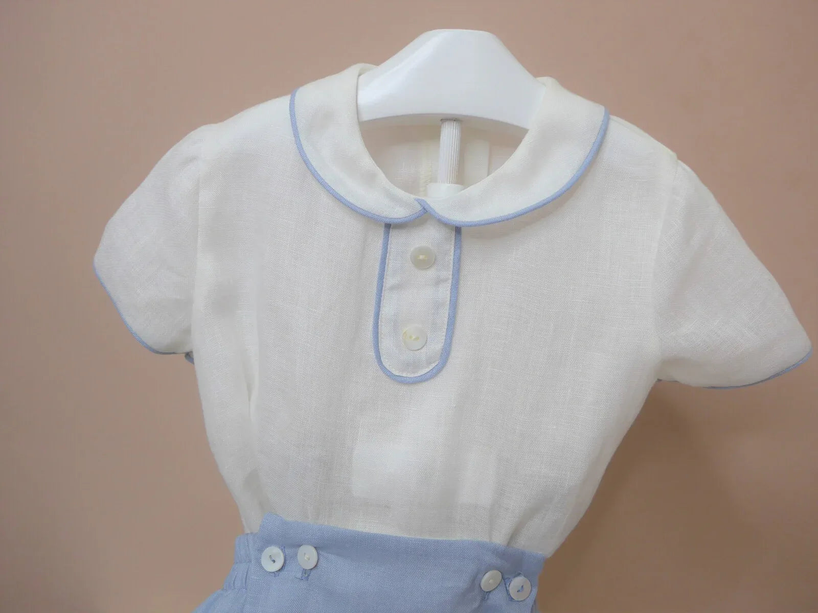 Conjunto camisa lino cuello bebe lino celeste y bombacho - PARDALETS
