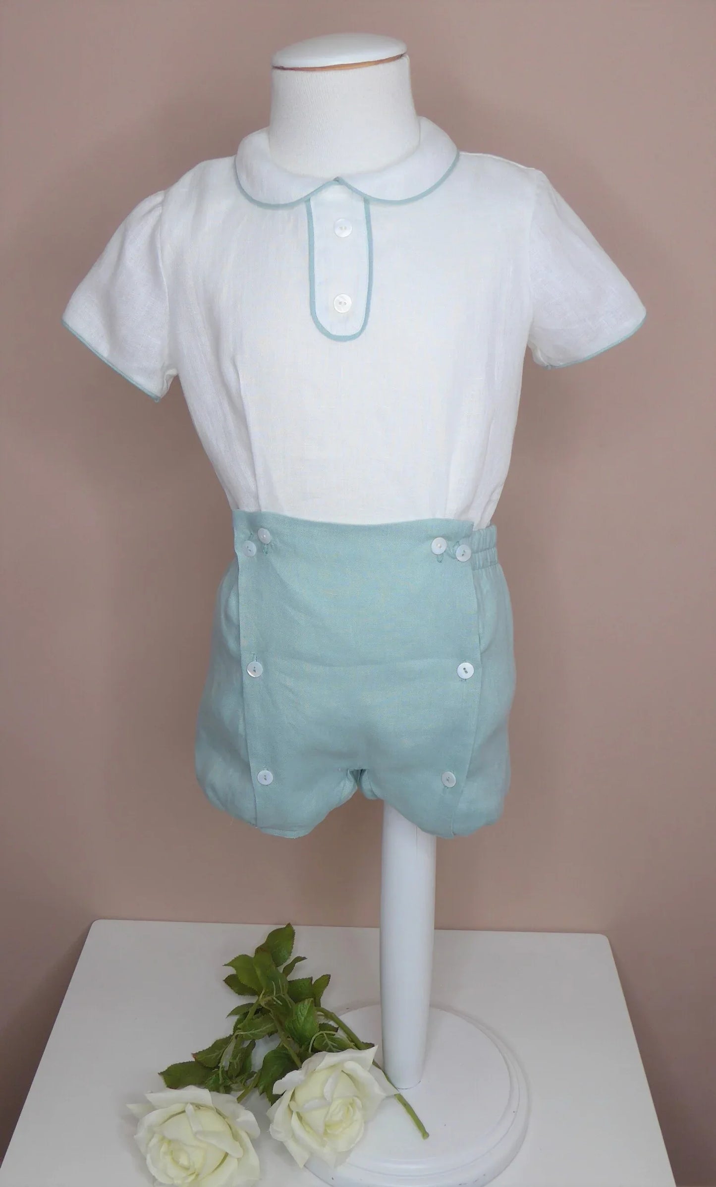 Conjunto camisa lino cuello bebe verde y bombacho - PARDALETS