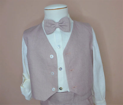 Conjunto camisa lino beig y short lino malva con fajin y pajarita - PARDALETS