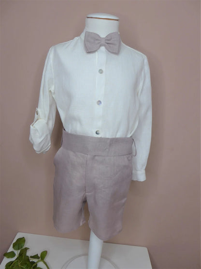 Conjunto camisa lino beig y short lino malva con fajin y pajarita - PARDALETS