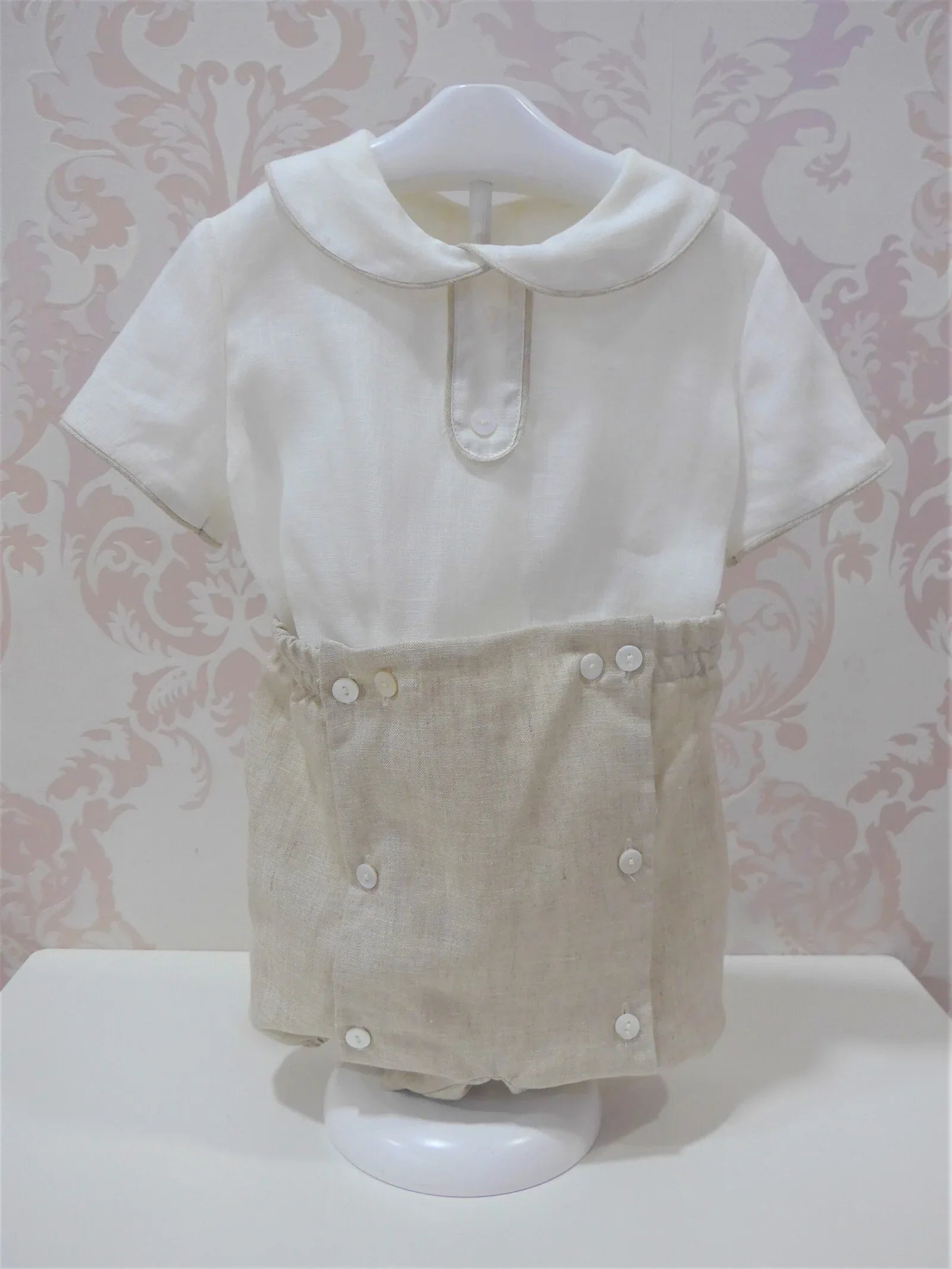 Conjunto camisa lino beig cuello bebe y bombacho tostado - PARDALETS