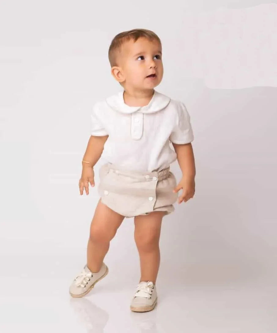 Conjunto camisa lino beig cuello bebe y bombacho tostado - PARDALETS