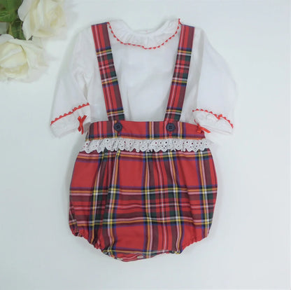 Peto cuadros rojo y verde con puntilla blanca - PARDALETS