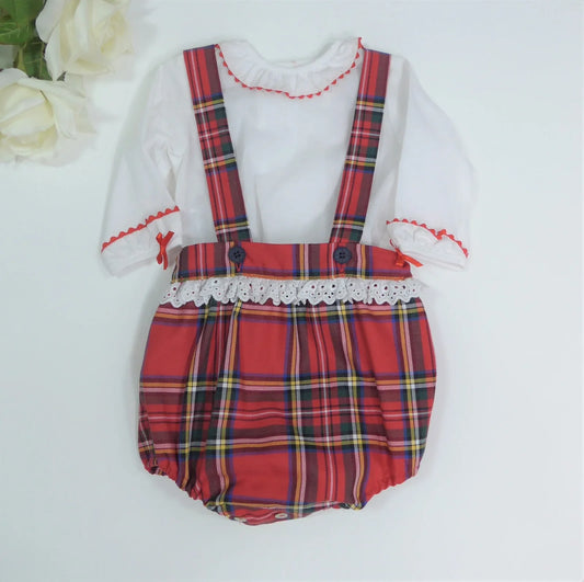 Peto cuadros rojo y verde con puntilla blanca - PARDALETS