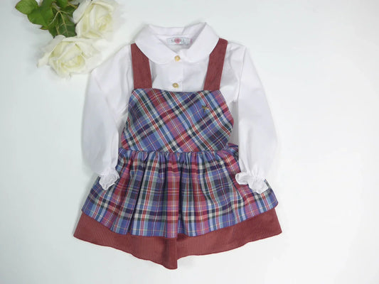 Pichi cuadros burdeos y azul con tirantes y camisa blanca - PARDALETS