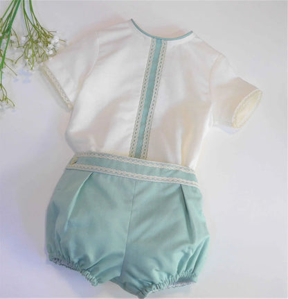 Conjunto camisa beig y bombacho lino verde empolvado - PARDALETS