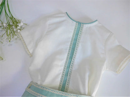 Conjunto camisa beig y bombacho lino verde empolvado - PARDALETS