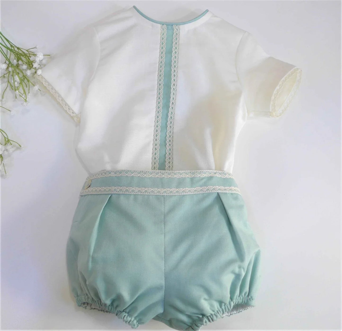 Conjunto camisa beig y bombacho lino verde empolvado - PARDALETS