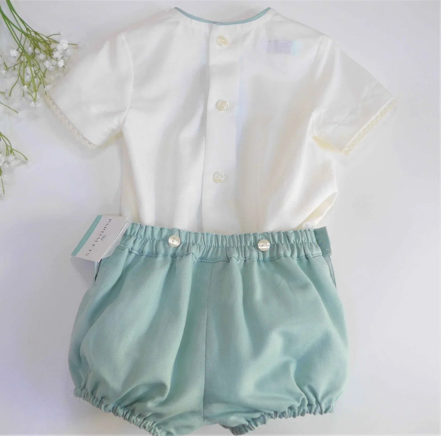 Conjunto camisa beig y bombacho lino verde empolvado - PARDALETS