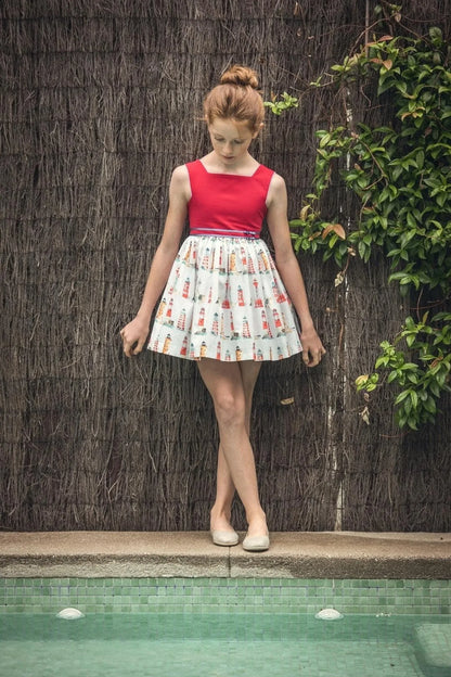 Vestido rojo estampado de faros con tul "Faros" - PARDALETS