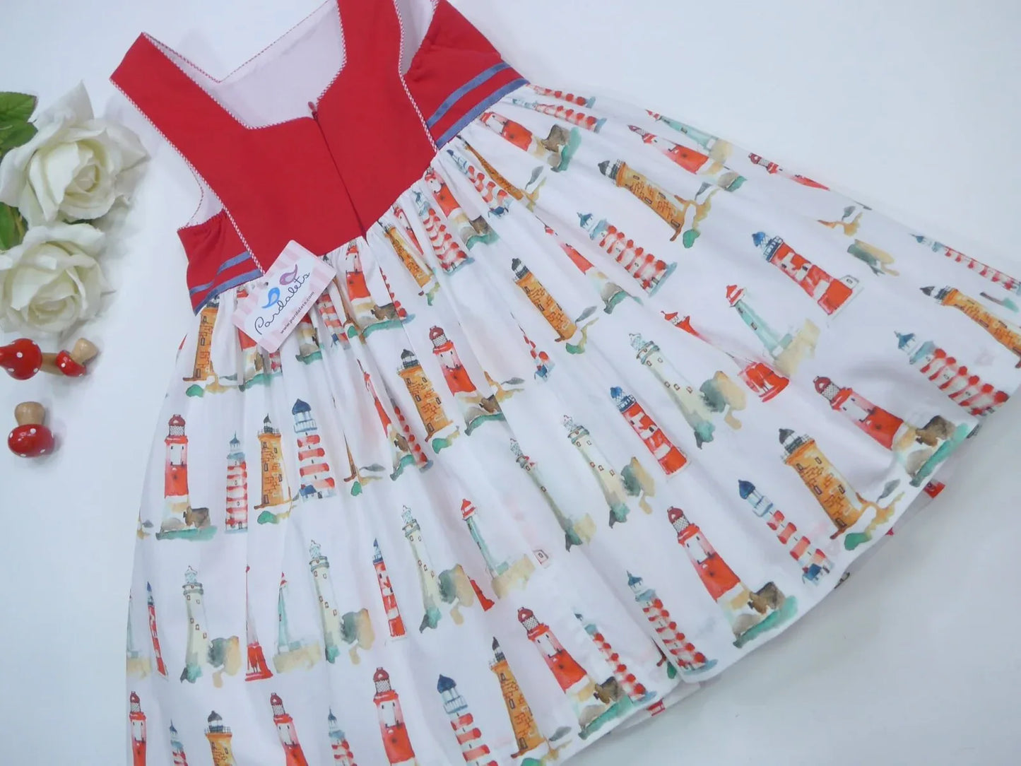 Vestido rojo estampado de faros con tul "Faros" - PARDALETS