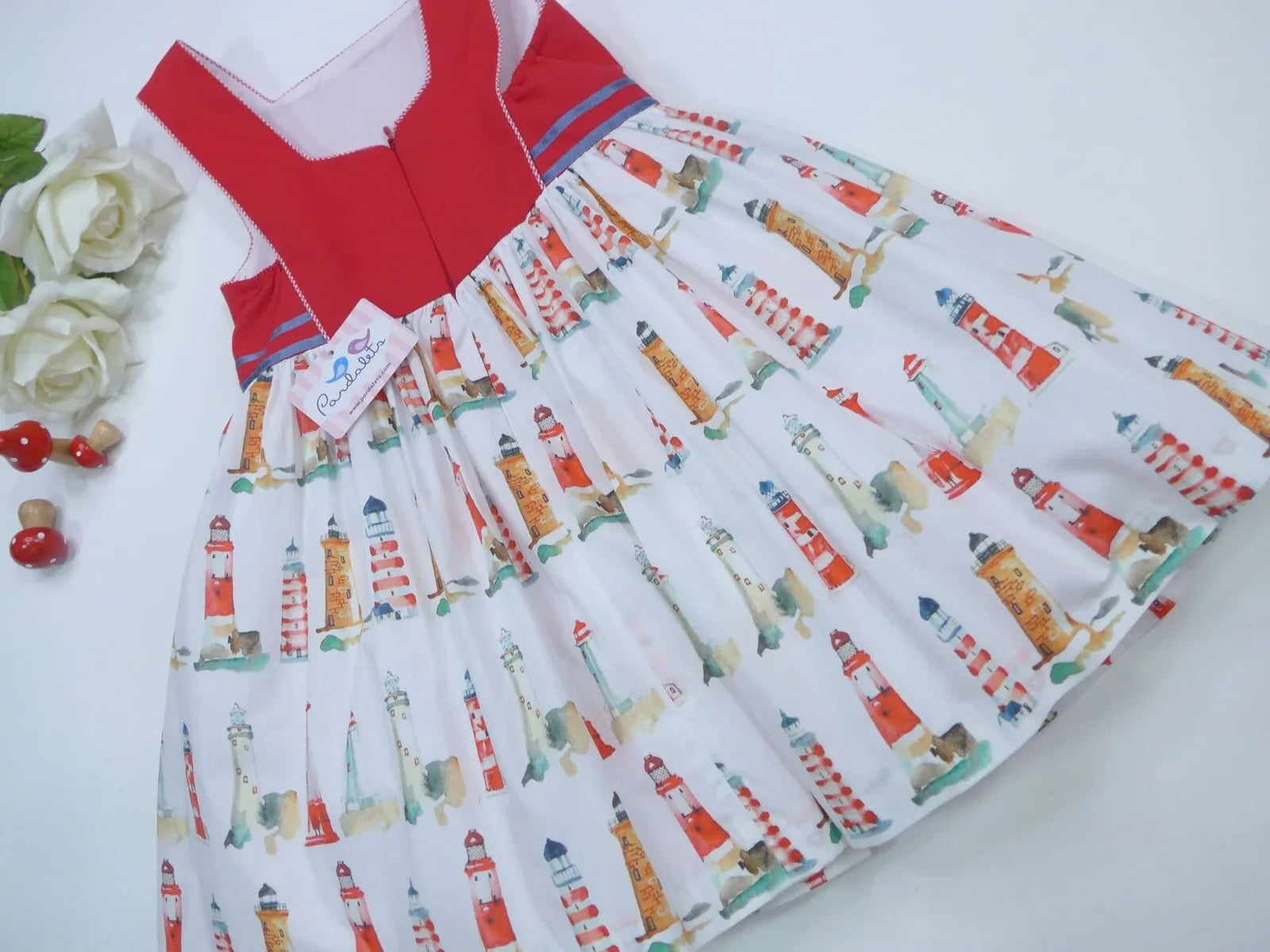 Vestido rojo estampado de faros con tul "Faros" - PARDALETS