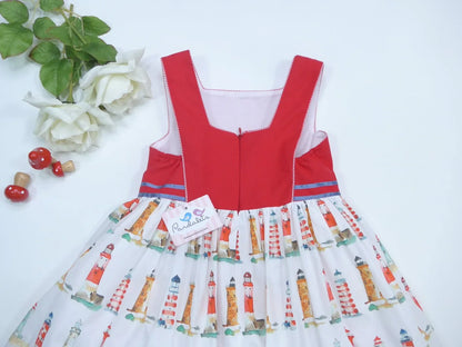 Vestido rojo estampado de faros con tul "Faros" - PARDALETS