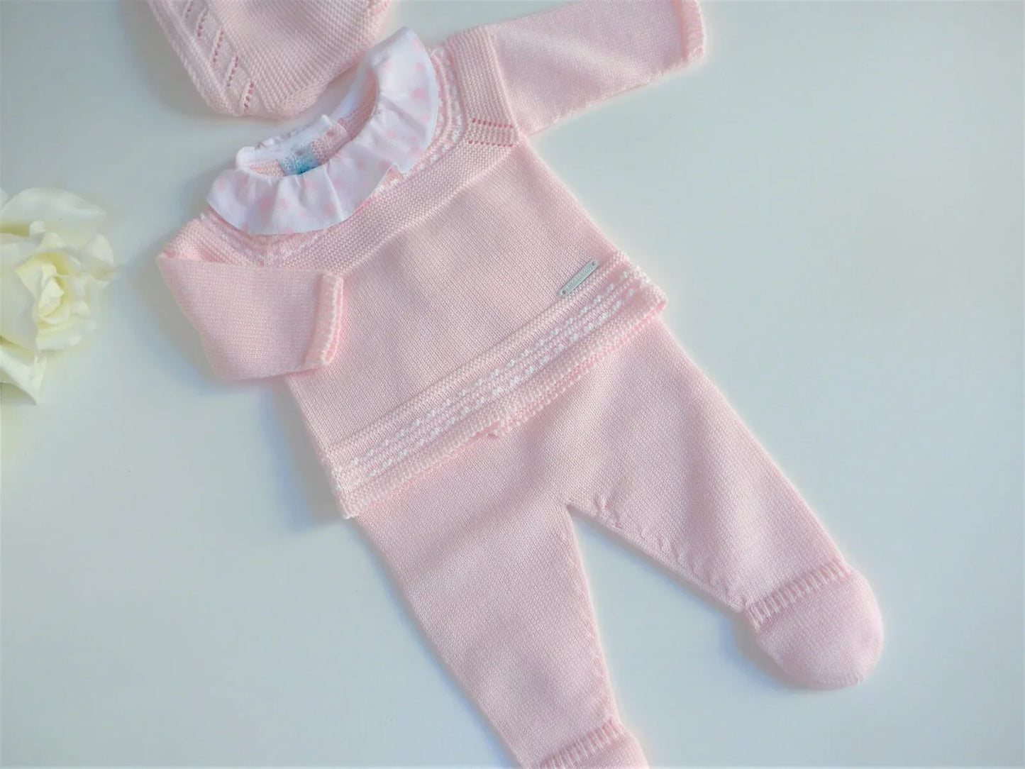 Jubon y polaina algodón rosa bebé cuello volante - PARDALETS