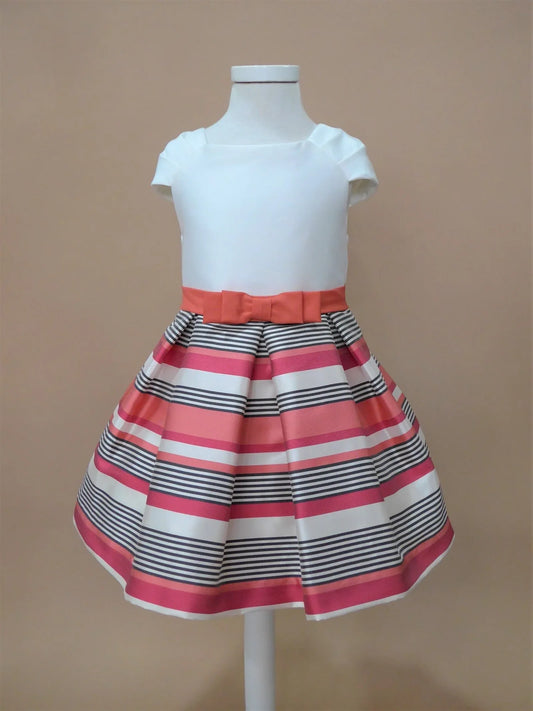 Vestido cuerpo blanco y falda rayitas rosas y grises - PARDALETS