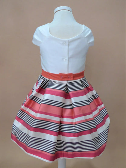 Vestido cuerpo blanco y falda rayitas rosas y grises - PARDALETS
