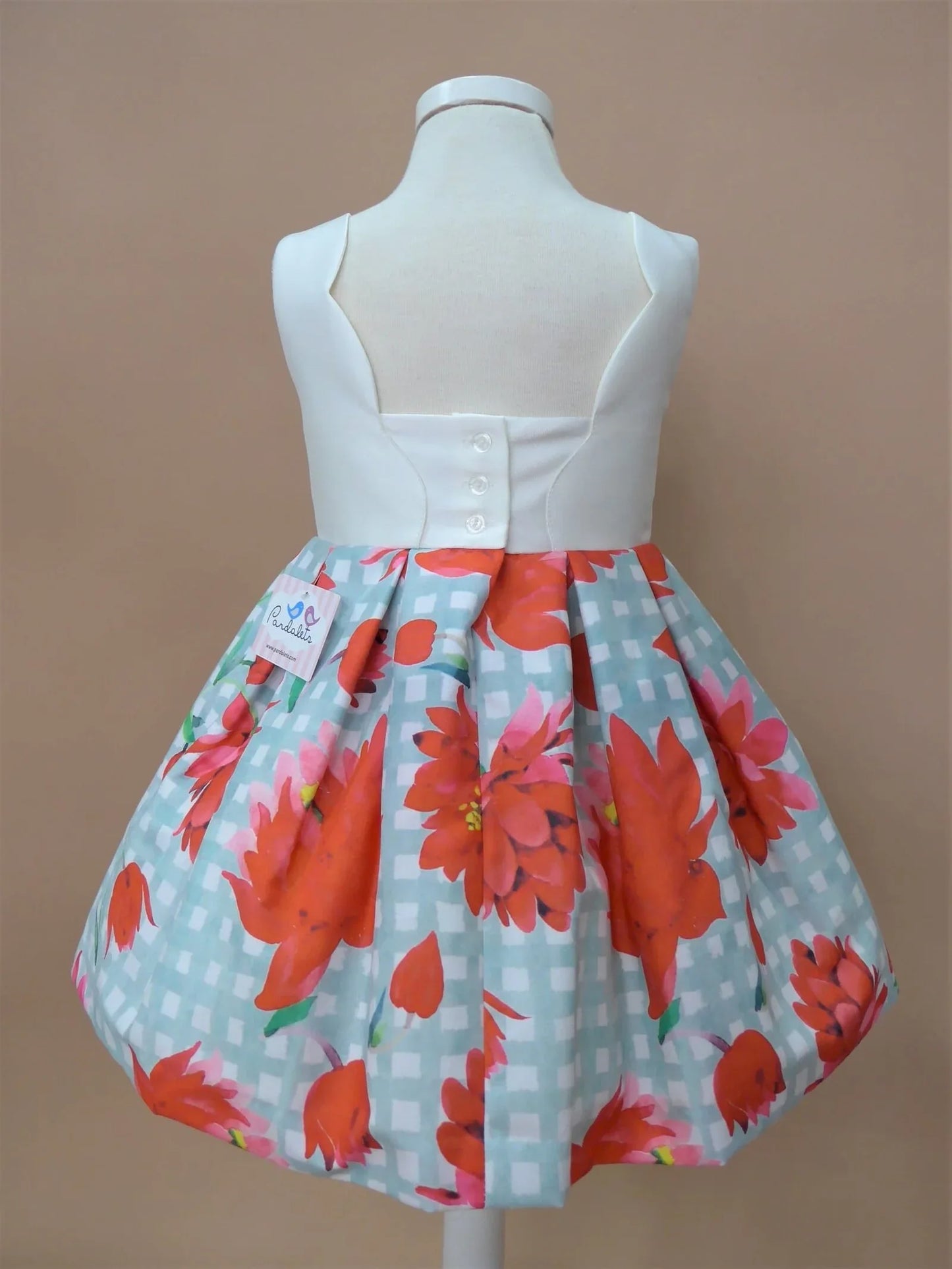Vestido blanco ondas estampado de flores rojas y cuadros - PARDALETS