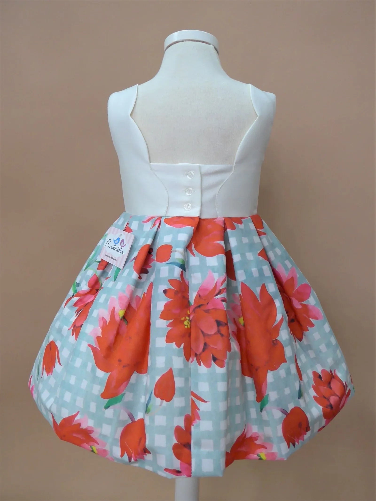 Vestido blanco ondas estampado de flores rojas y cuadros - PARDALETS