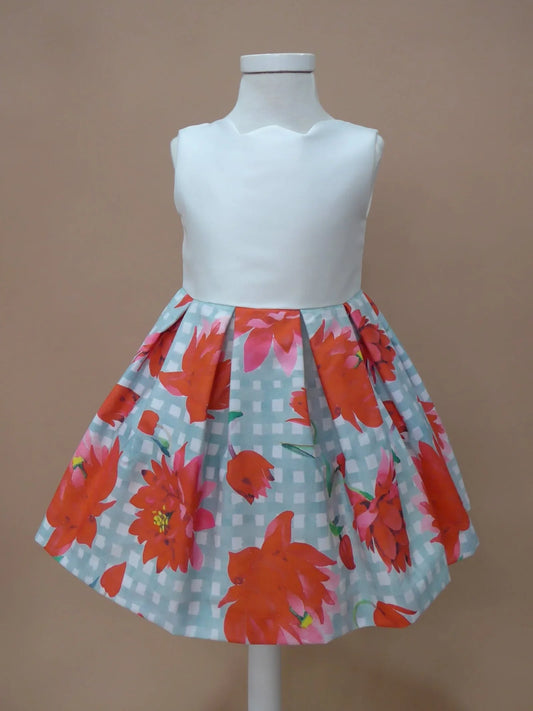 Vestido blanco ondas estampado de flores rojas y cuadros - PARDALETS