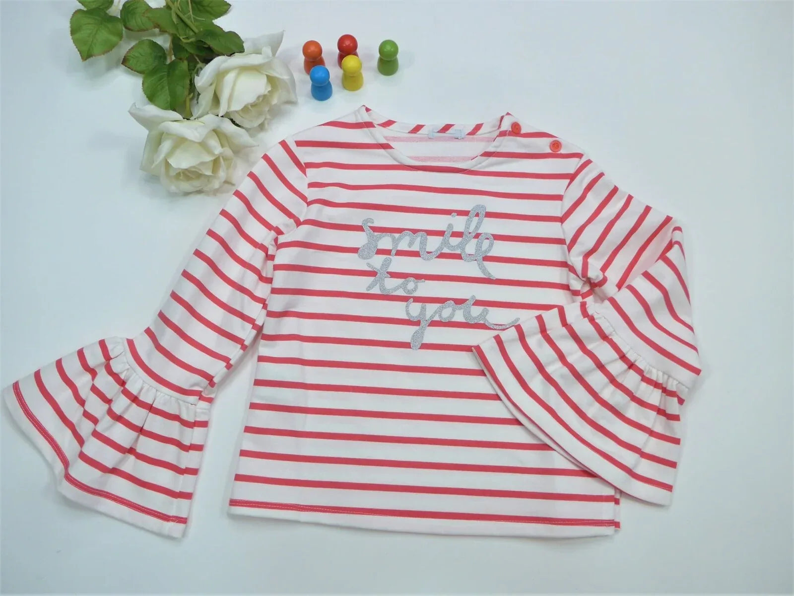 Sudadera manga volante de rayas coral "Smile to you" - PARDALETS