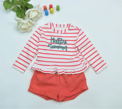 Conjunto short coral y sudadera rayas bajo volante "Happy Summer" - PARDALETS