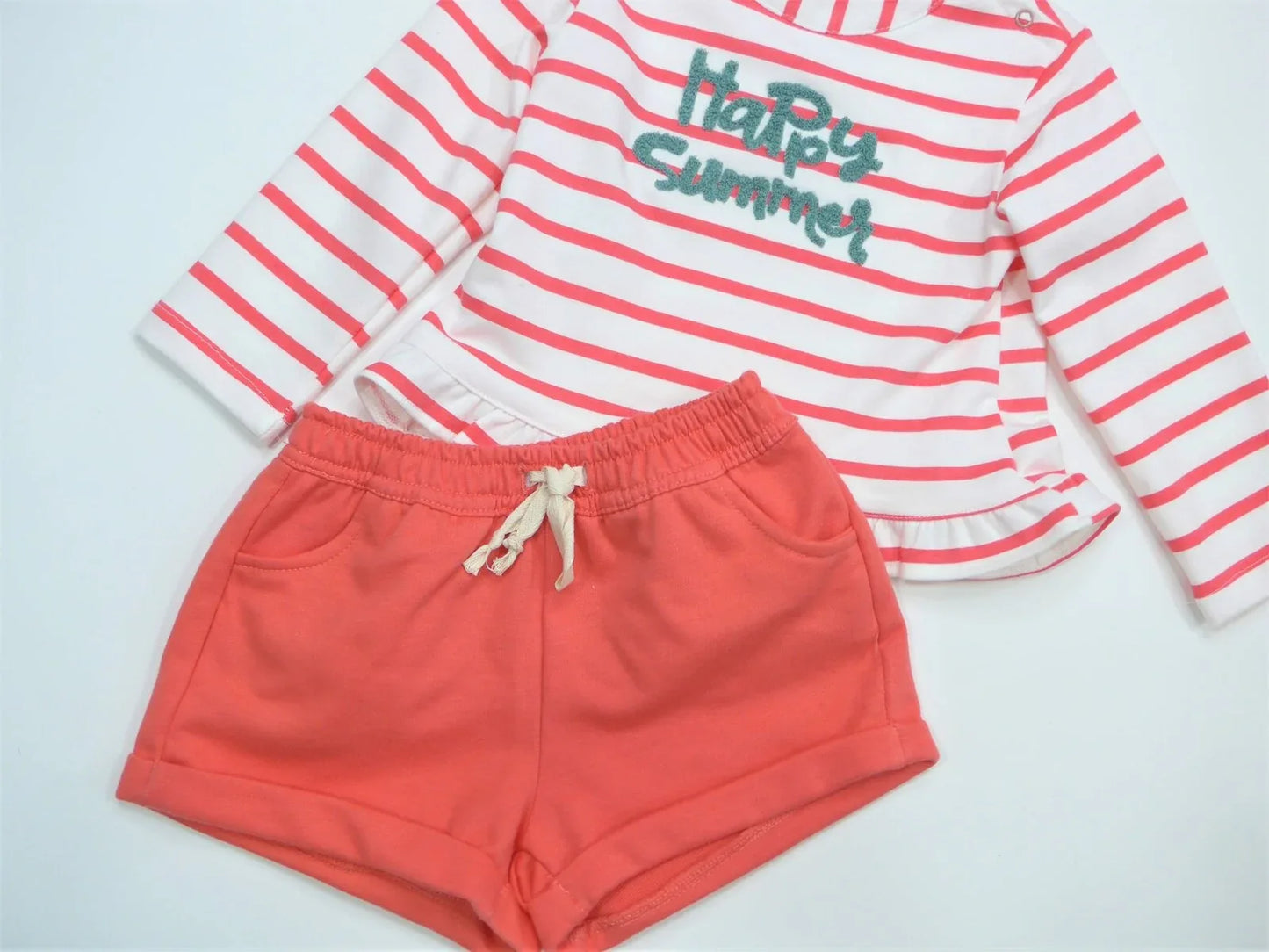 Conjunto short coral y sudadera rayas bajo volante "Happy Summer" - PARDALETS