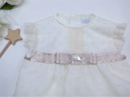 Pelele organza beige bordada cinta de raso tostada - PARDALETS