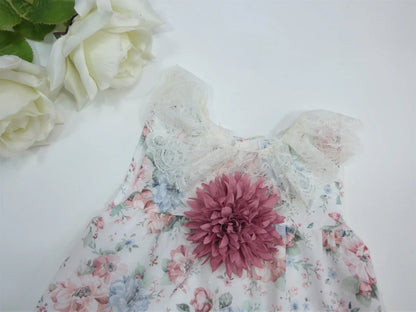 Vestido plumeti estampado flores con cuello de puntilla y pompón - PARDALETS