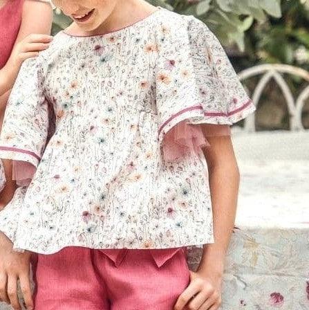 Conjunto blusa flores rosas y pantalon largo grosella "Desierto" - PARDALETS