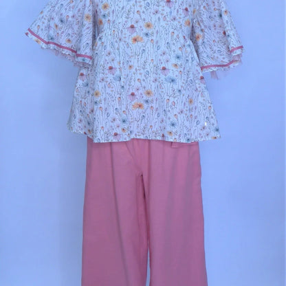 Conjunto blusa flores rosas y pantalon largo grosella "Desierto" - PARDALETS