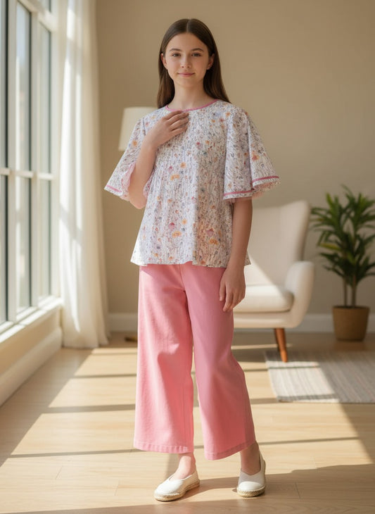 Conjunto blusa flores rosas y pantalon largo grosella "Desierto"