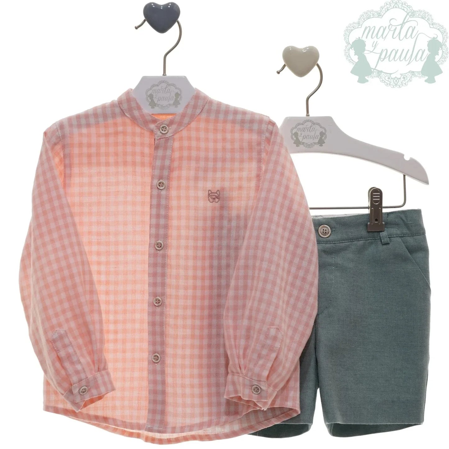 Conjunto camisa cuadros vichy y short verde "Romeo y Julieta" - PARDALETS