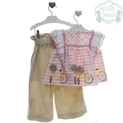 Conjunto blusa bicicletas y pantalon largo lino beig "Hamlet" - PARDALETS